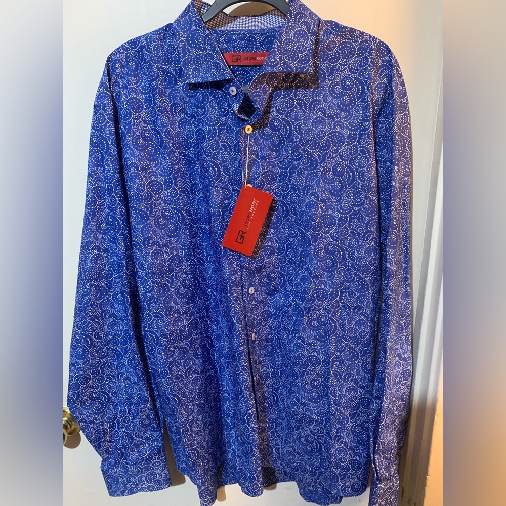 Georg Roth Los Angeles Pima Cotton Paisley Men's LS Shirt Navy/White Sz. XXL NWT